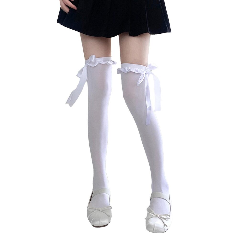 4677 Thigh High Stockings with Bow, Sheer Socks with Lace Brim Tights